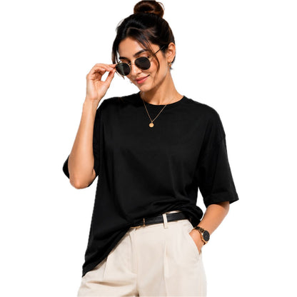 Women's Solid Round Neck T-Shirt | 220 GSM Heavy Cotton-Blend PC Terry Fabric | Half Sleeve Regular Fit Casual Tee for Everyday Wear
