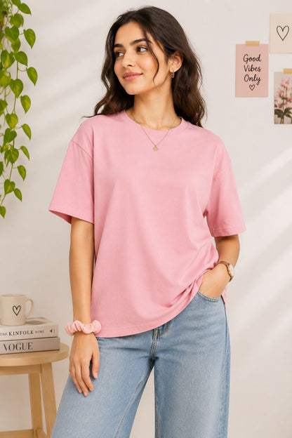 Women's Solid Round Neck T-Shirt | 220 GSM Heavy Cotton-Blend PC Terry Fabric | Half Sleeve Regular Fit Casual Tee for Everyday Wear