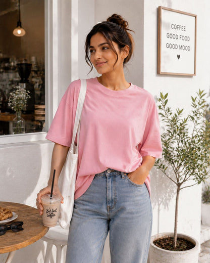Women's Solid Round Neck T-Shirt | 220 GSM Heavy Cotton-Blend PC Terry Fabric | Half Sleeve Regular Fit Casual Tee for Everyday Wear