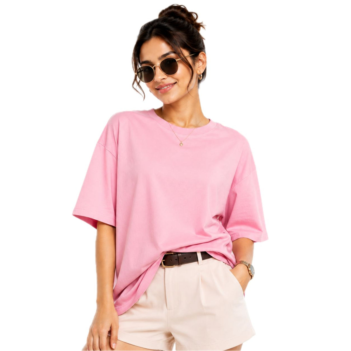 Women's Solid Round Neck T-Shirt | 220 GSM Heavy Cotton-Blend PC Terry Fabric | Half Sleeve Regular Fit Casual Tee for Everyday Wear
