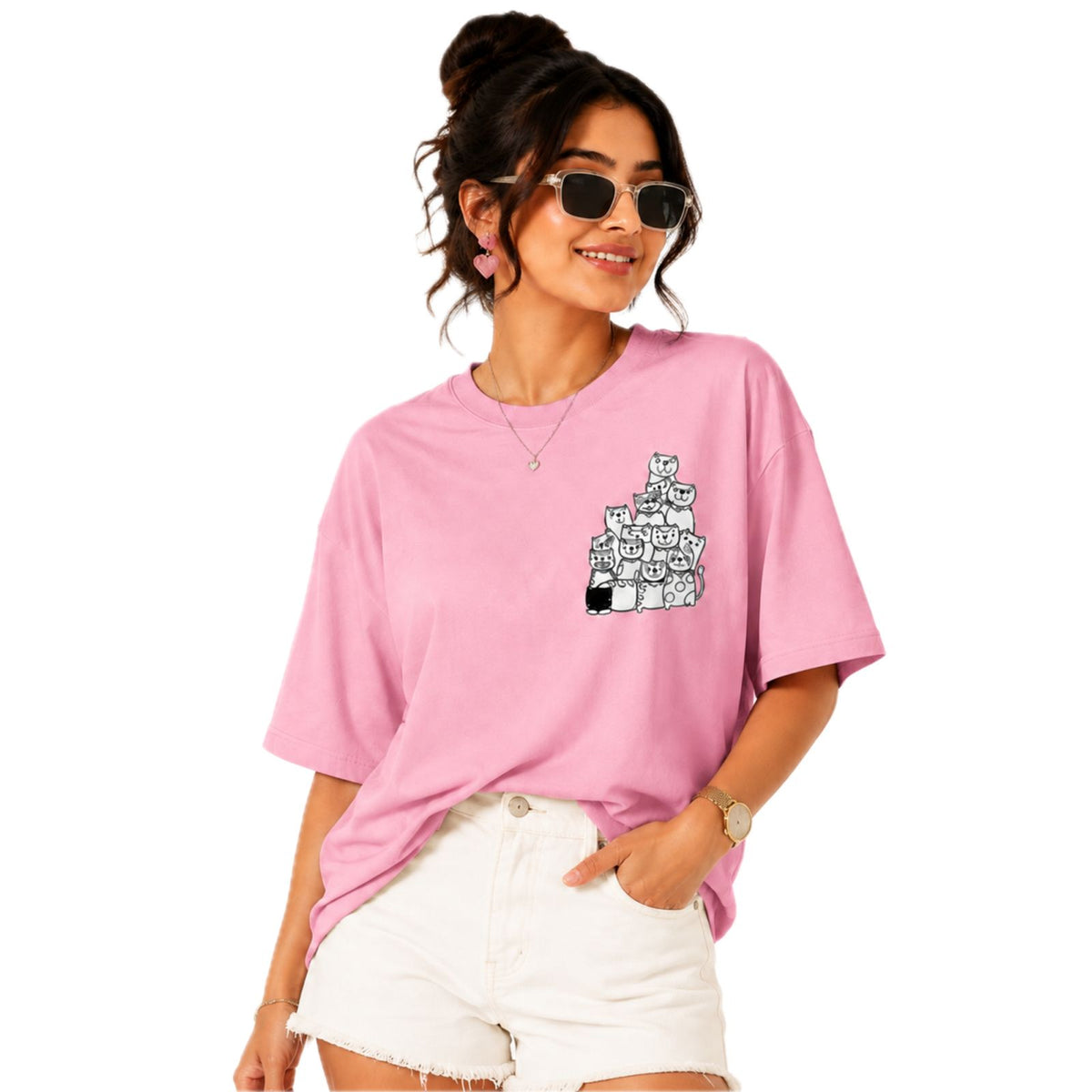Mochi Women's Cat Graphic T-Shirt | Cotton Round Neck T-shirt | Casual Wear